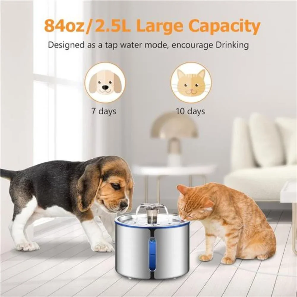 Cat Water Fountain, 84oz/2.5L Stainless Steel Pet Water Fountain, Automatic Dog
